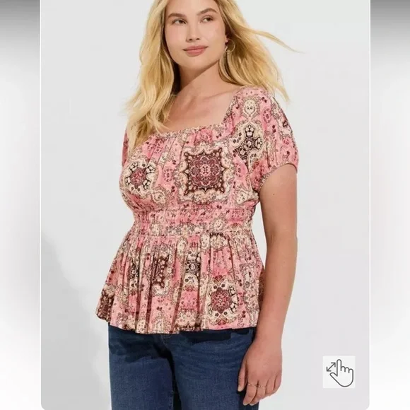 TORRID Crinkle Gauze Cris Cross Back Top Pink & Brown Peplum Cinched Waist Shirt - Picture 1 of 13